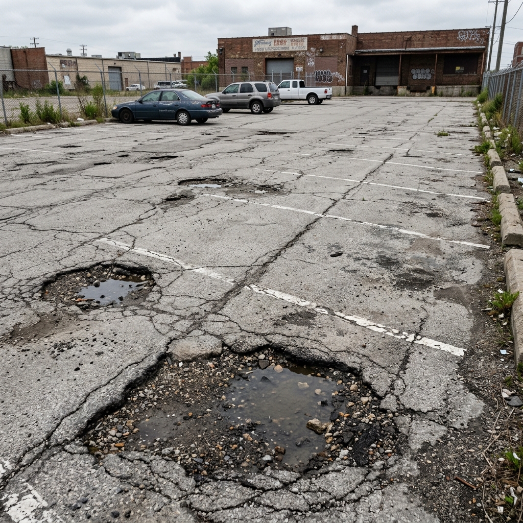 Damaged asphalt in Delray Beach before repair